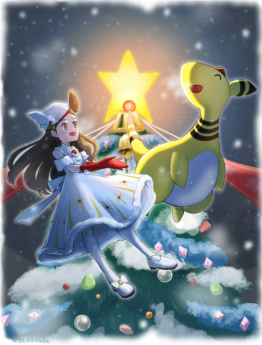 1girl, :d, ampharos, bare_shoulders, brown_eyes, brown_hair, christmas, christmas_tree, commentary_request, dress, elbow_gloves, eyelashes, gloves, hat, highres, jasmine_(holiday_2022)_(pokemon), jasmine_(pokemon), long_hair, nosada_nosawo, one_side_up, open_mouth, pantyhose, pokemon, pokemon_(creature), pokemon_(game), pokemon_masters_ex, red_gloves, shoes, smile, twitter_username, watermark, white_dress, white_footwear, white_headwear, white_pantyhose