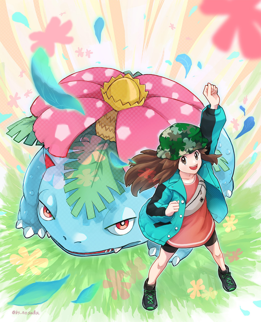 1girl, :d, arm_up, bike_shorts, brown_eyes, brown_hair, buttons, camouflage, camouflage_headwear, clenched_hands, commentary_request, eyelashes, green_jacket, hat, highres, jacket, knees, leaf_(pokemon), leaf_(sygna_suit)_(pokemon), legs_apart, long_hair, long_sleeves, looking_up, nosada_nosawo, open_clothes, open_jacket, open_mouth, pokemon, pokemon_(creature), pokemon_(game), pokemon_masters_ex, shirt, shoes, smile, sneakers, teeth, twitter_username, upper_teeth_only, venusaur, watermark