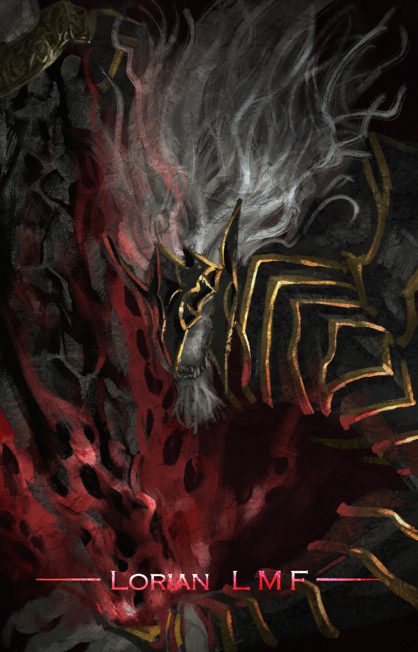 1boy, absurdres, animal, animal_ears, armor, artist_name, black_armor, blade, covered_face, dog_boy, dog_ears, elden_ring, english_commentary, facial_hair, goatee, gold_trim, highres, holding, holding_weapon, long_hair, looking_at_viewer, lorianlmf, sharp_teeth, solo, teeth, weapon, white_hair