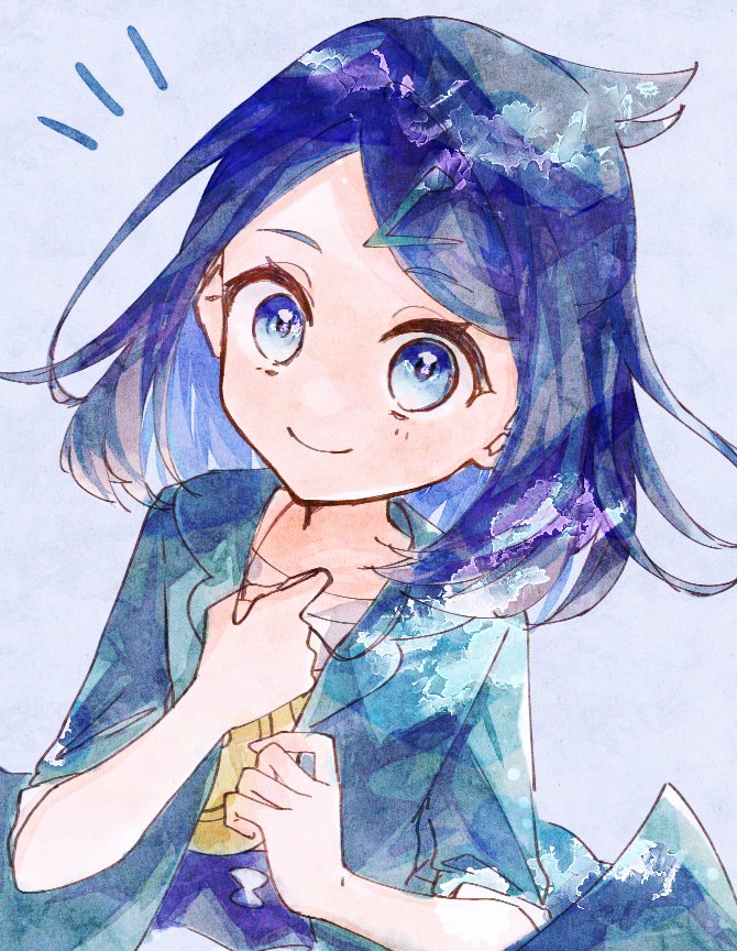 1girl, blue_eyes, blue_hair, closed_mouth, commentary_request, eyelashes, green_jacket, grey_background