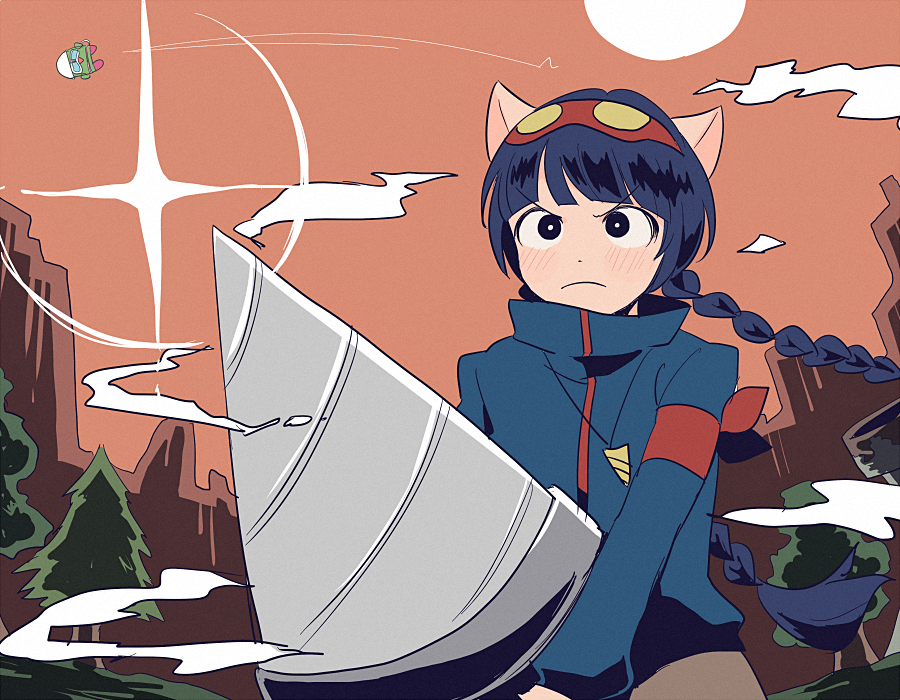 1girl, animal_ears, bangs, blue_hair, blush, bob_2002_(pop'n), braid, cat_ears, cosplay, dot_nose, drill, frown, furry, goggles, goggles_on_head, holding, holding_weapon, long_hair, nyami_(pop'n_music), pikara, pop'n_music, simon_(ttgl), simon_(ttgl)_(cosplay), smoke, sparkle, sun, tengen_toppa_gurren_lagann, tree, twin_braids, weapon