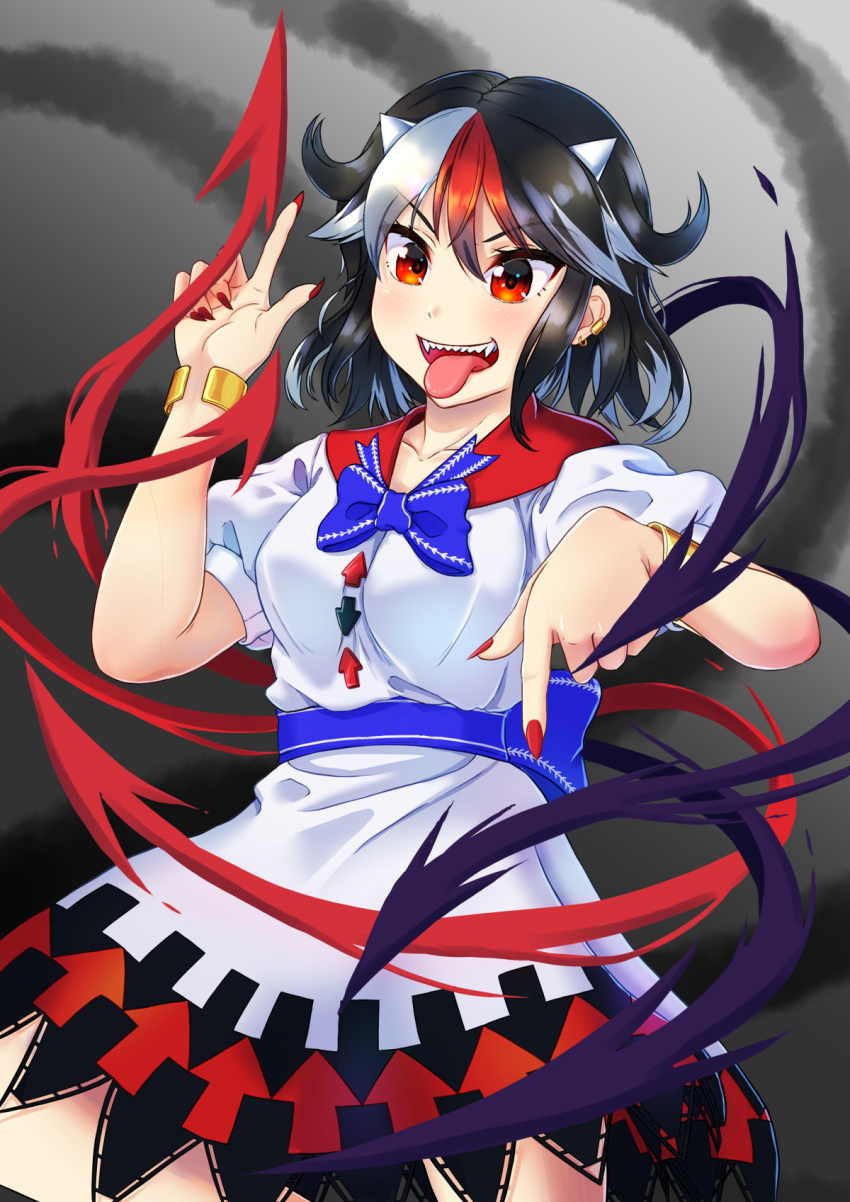 1girl, arrow_print, bangs, black_hair, blue_bow, blue_bowtie, blue_sash, blush
