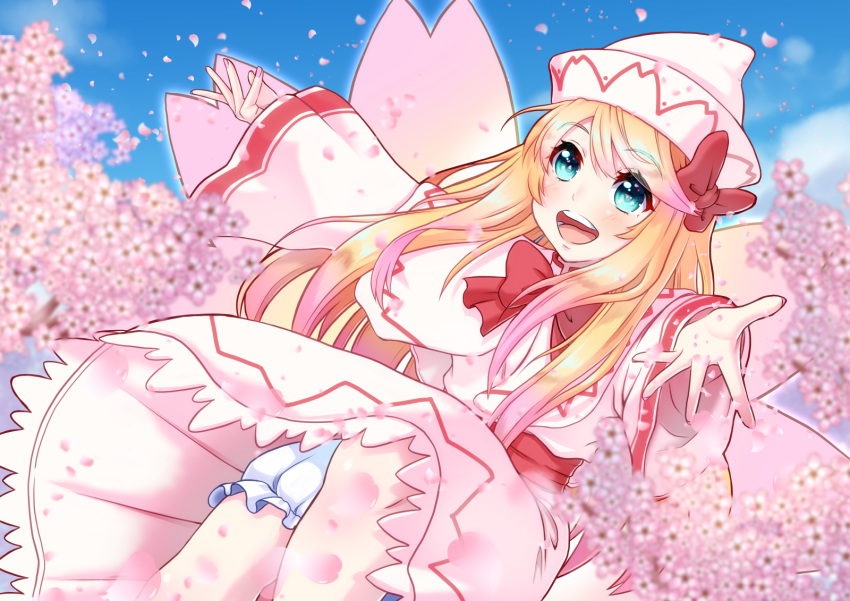 1girl, bangs, blonde_hair, blue_eyes, blue_sky, blush, bow, bowtie