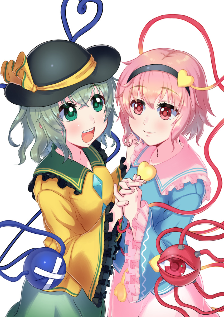 2girls, bangs, black_hairband, black_headwear, blue_shirt, blush, breasts, buttons