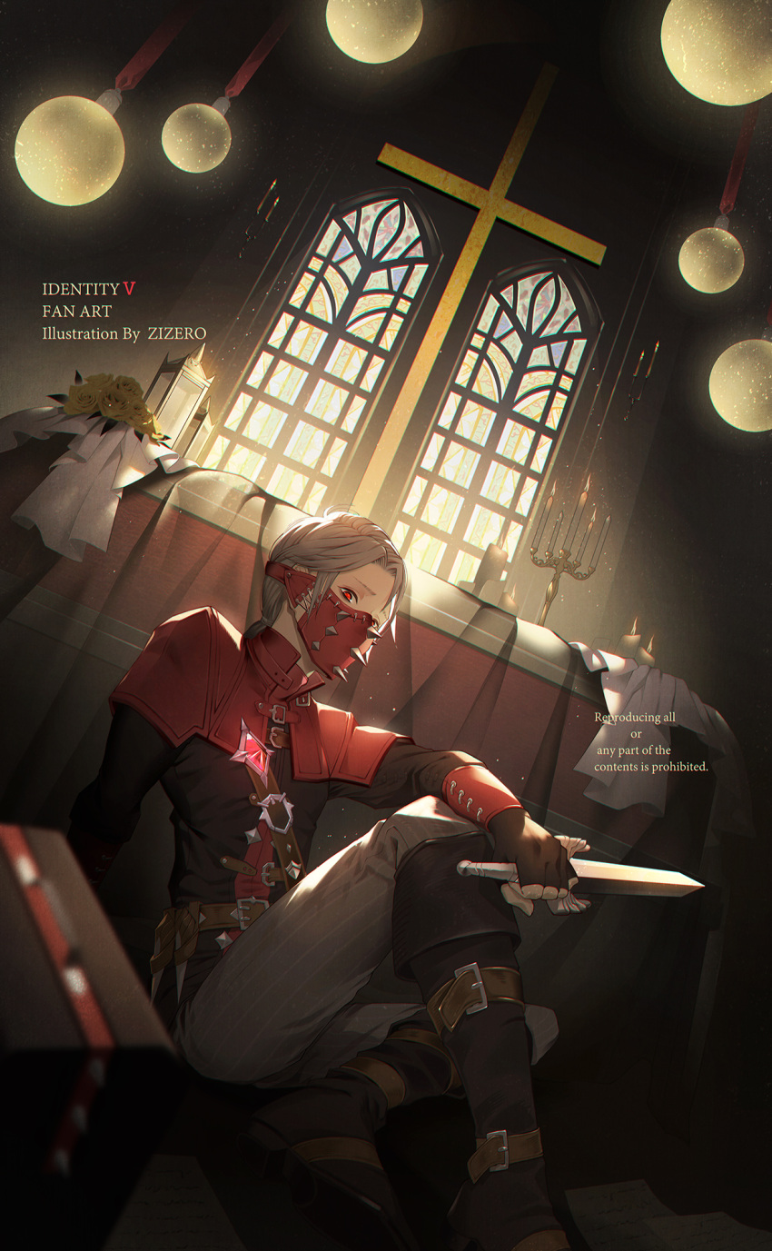 1boy, aesop_carl, aesop_carl_(exorcist), bangs, belt, belt_boots, belt_buckle, black_footwear, black_gloves, black_shirt, blurry, boots, brown_belt, buckle, candle, candlestand, capelet, coffin, cross, dagger, depth_of_field, eyebrow_cut, fingerless_gloves, flower, full_body, gloves, grey_hair, grey_pants, hanging_light, highres, holding, holding_dagger, holding_knife, holding_weapon, identity_v, indoors, knee_boots, knee_up, knife, lantern, light_particles, long_sleeves, looking_at_viewer, low_ponytail, male_focus, mask, medium_hair, mouth_mask, official_alternate_costume, pants, paper, parted_bangs, pinstripe_pants, pinstripe_pattern, red_capelet, red_eyes, reverse_grip, rose, shirt, sitting, solo, spikes, stained_glass, striped, weapon, window, yellow_flower, yellow_rose, zizero
