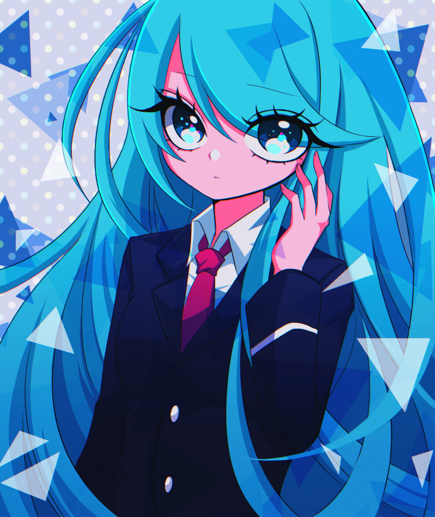 1girl, aoi_shouko, blue_hair, blue_jacket, eyelashes, eyes_visible_through_hair, fujiwhite182, highres, jacket, light_frown, long_eyelashes, long_hair, messy_hair, necktie, pop'n_music, red_necktie, school_uniform, shirt, solo, sparkling_eyes, triangle, very_long_hair, white_shirt, wide_sleeves