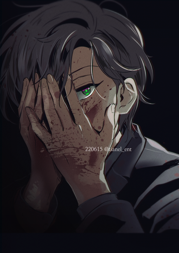 1boy, black_hair, black_jacket, blood, blood_on_face, blood_on_hands, commentary, covering_face