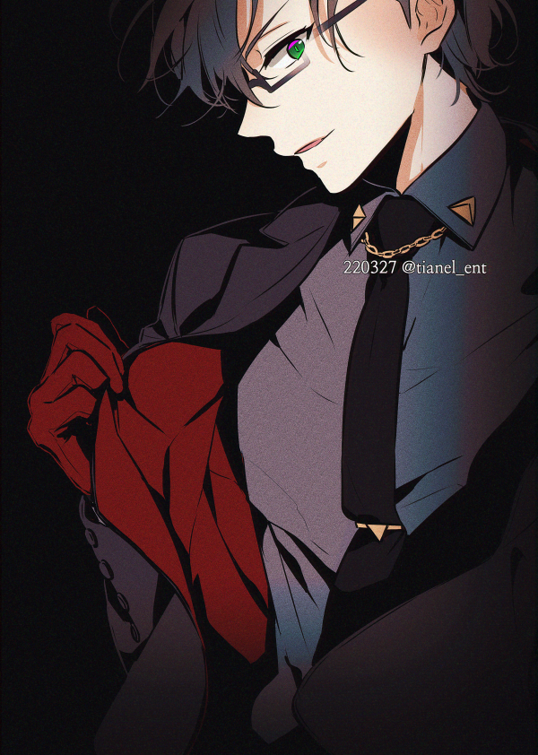 1boy, black_background, black_hair, black_necktie, chain, dated, formal, glasses