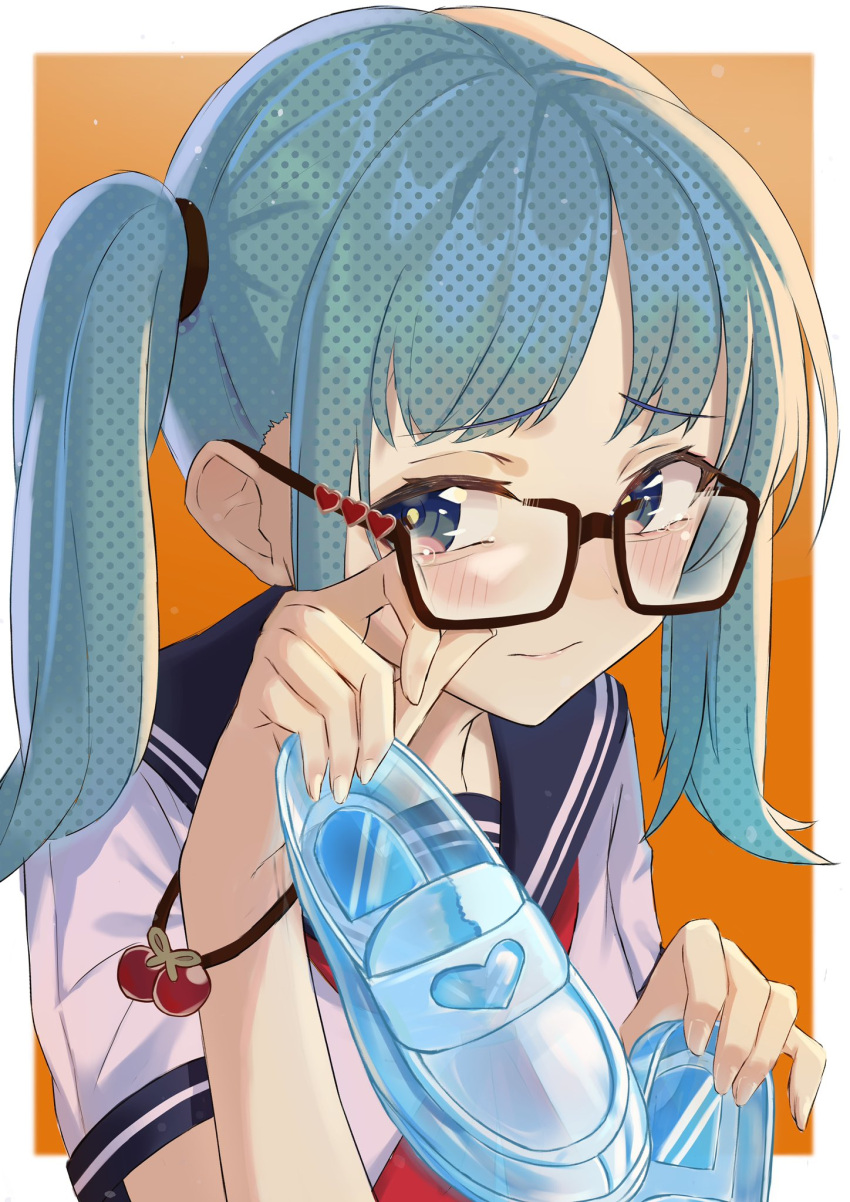 1girl, aqua_eyes, aqua_hair, bangs, bespectacled, blue_eyes, blue_footwear, blue_sailor_collar