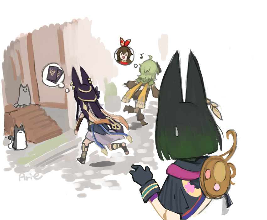 1girl, 2boys, ahoge, amber_(genshin_impact), animal_ears, anklet, arie_game, black_footwear