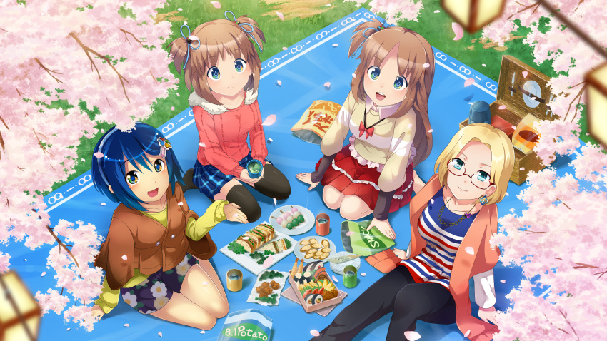 4girls, :d, absurdres, artist_request, black_pants, black_thighhighs, blanket, blonde_hair