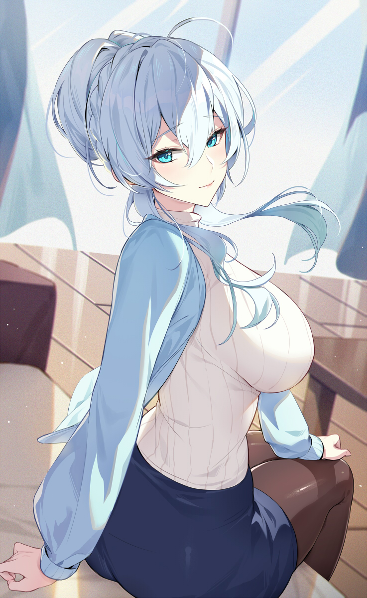 1girl, ahoge, bangs, blue_eyes, blue_hair, blush, borrowed_character, breasts
