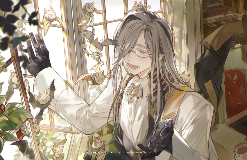 1boy, :d, ^_^, ascot, bat_(animal), black_gloves, black_hair, black_vest