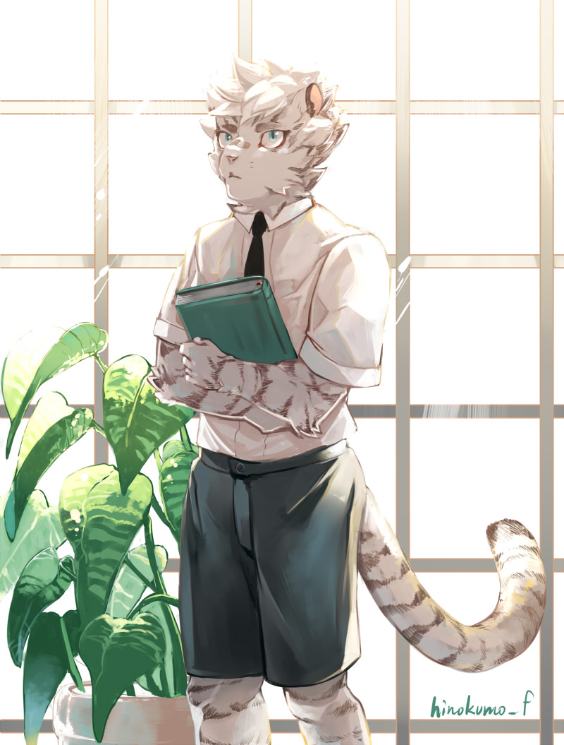 1boy, aged_down, animal_ears, arknights, book, collared_shirt, feet_out_of_frame, furry, furry_male, hinokumo_f, holding, holding_book, male_focus, mountain_(arknights), necktie, plant, shirt, short_hair, solo, standing, tiger_boy, tiger_ears