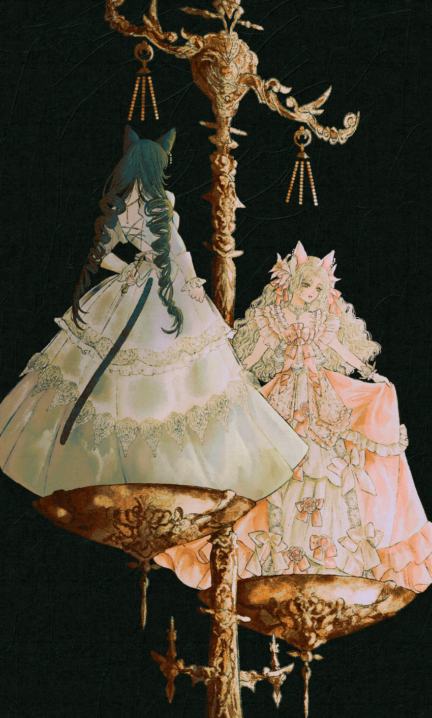 2girls, absurdres, animal_ears, arm_behind_back, balance_scale, bangs, black_background, black_hair, blonde_hair, bow, cat_ears, cat_girl, clenched_hand, cross-laced_clothes, dagger, dark_green_hair, dim-moon, dress, dress_bow, dress_flower, drill_hair, earrings, facing_away, flower, frilled_dress, frills, full_body, gloves, gown, green_eyes, hair_flower, hair_ornament, hair_ribbon, highres, holding, holding_dagger, holding_knife, holding_weapon, jewelry, knife, lace-trimmed_dress, lace_trim, layered_dress, lily_(flower), long_hair, long_sleeves, looking_to_the_side, multiple_girls, necklace, original, parted_bangs, parted_lips, pink_dress, pink_ribbon, ribbon, short_sleeves, skirt_hold, standing, twin_drills, wavy_hair, weapon, weighing_scale, white_dress, white_gloves