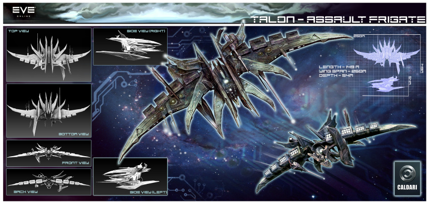 3d, caldari_state_(eve_online), chermilla, commentary, concept_art, english_text, eve_online, frigate_(eve_online)