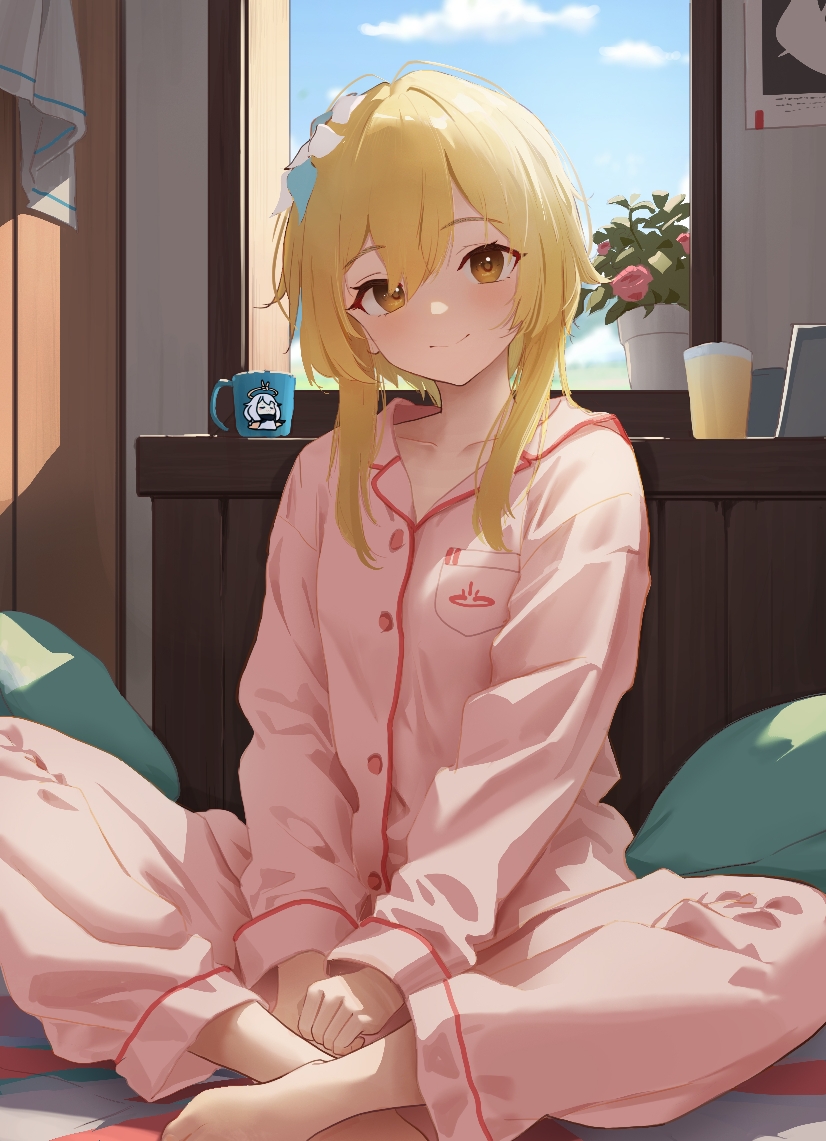 1girl, aerldor, aliasing, bangs, barefoot, blonde_hair, blue_sky, buttons, closed_mouth, clouds, collarbone, commentary_request, cup, day, drinking_glass, feet_out_of_frame, flower, genshin_impact, hair_flower, hair_ornament, indian_style, indoors, lily_(flower), long_sleeves, looking_at_viewer, lumine_(genshin_impact), paimon_(genshin_impact), pajamas, pink_flower, pink_pajamas, pink_shirt, plant, pocket, potted_plant, shirt, short_hair_with_long_locks, sidelocks, sitting, sky, smile, solo, window, yellow_eyes