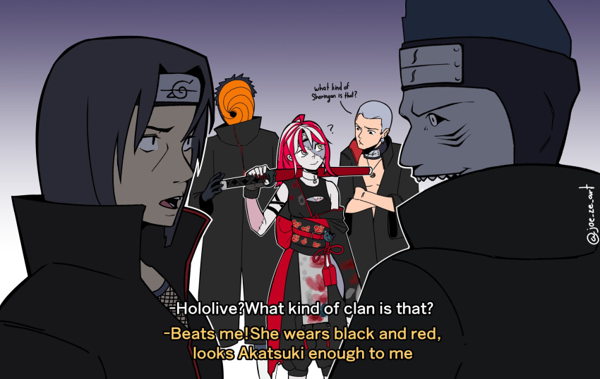 1girl, hidan, hidan_(naruto), hololive, hololive_english, hoshigaki_kisame, multiple_boys, naruto, naruto_(series), patchwork_skin, tobi, tobi_(naruto), uchiha_itachi, uchiha_obito
