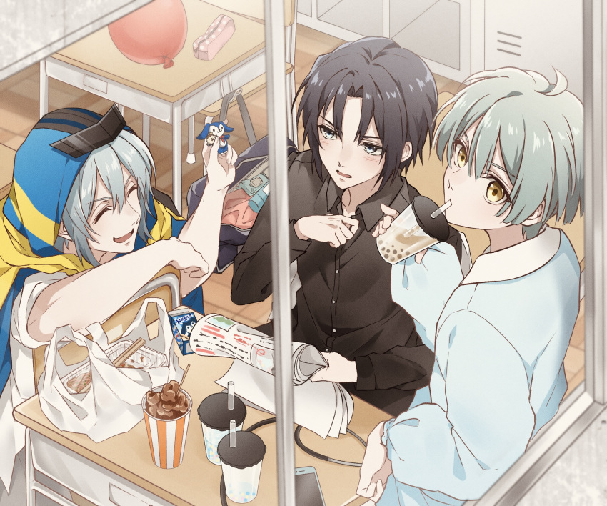 3boys, black_hair, black_shirt, blue_hair, blue_sweater, bubble_tea, closed_eyes, collared_shirt