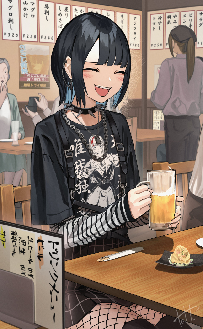 2boys, 3girls, :d, absurdres, alcohol, beer, beer_glass, black_pants