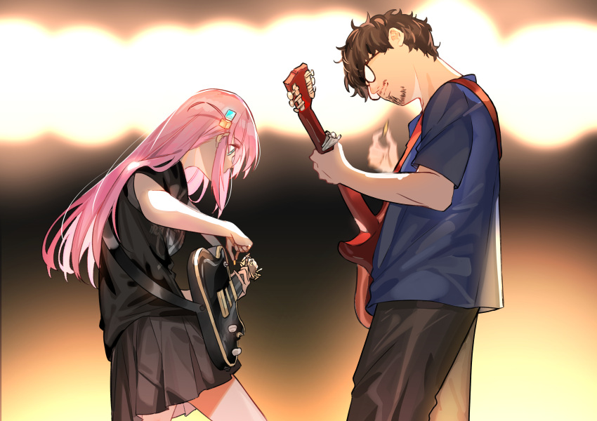 1boy, 1girl, absurdres, asian_kung-fu_generation, black_pants, black_shirt, black_skirt, blue_shirt, bocchi_the_rock!, brown_hair, check_commentary, commentary_request, cube_hair_ornament, electric_guitar, facial_hair, fare, glasses, goatee, gotoh_hitori, gotou_masafumi, guitar, hair_ornament, highres, instrument, long_hair, music, mustache, name_connection, opaque_glasses, pants, pink_hair, playing_instrument, real_life, shirt, short_hair, skirt