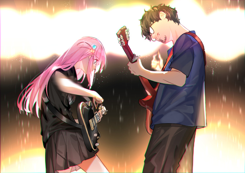 1boy, 1girl, absurdres, asian_kung-fu_generation, black_pants, black_shirt, black_skirt, blue_shirt, bocchi_the_rock!, brown_hair, check_commentary, chromatic_aberration, commentary_request, cube_hair_ornament, electric_guitar, facial_hair, fare, glasses, goatee, gotou_hitori, gotou_masafumi, guitar, hair_ornament, highres, instrument, long_hair, music, mustache, name_connection, opaque_glasses, pants, pink_hair, playing_instrument, rain, real_life, shirt, short_hair, skirt