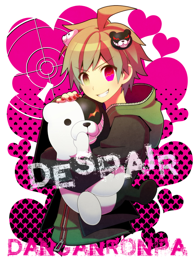 1boy, ahoge, animal_hair_ornament, bear_hair_ornament, brown_hair, copyright_name, corruption, crosshair