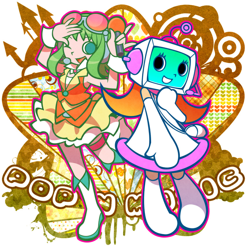 2girls, alt_(pop'n_music), dress, elbow_gloves, eyelashes, gloves, goggles, goggles_on_head