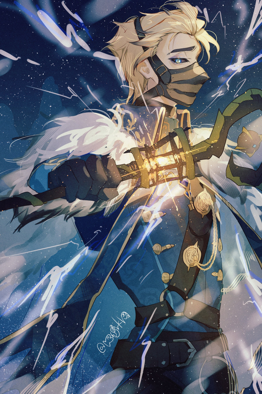 1boy, absurdres, aiguillette, alva_lorenz, alva_lorenz_(warden), belt, black_belt, black_gloves, black_pants, black_sclera, blonde_hair, blue_background, blue_cape, blue_eyes, blue_eyeshadow, blue_gemstone, blue_jacket, cape, collared_jacket, colored_sclera, cowboy_shot, eyeshadow, fur-trimmed_cape, fur_trim, gem, gloves, hair_slicked_back, hanaon, highres, holding, holding_staff, identity_v, jacket, lantern, light_particles, looking_at_viewer, makeup, male_focus, mask, medal, mouth_mask, o-ring, official_alternate_costume, pants, profile, short_hair, shoulder_belt, sideways_glance, snowing, solo, staff