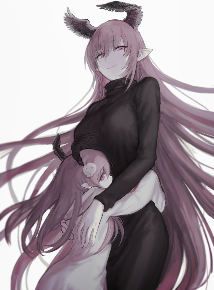 2girls, hair_ornament, head_wings, highres, honey_(senyuu), hug, long_hair, long_sleeves, looking_at_viewer, mother_and_daughter, multiple_girls, pink_eyes, pink_hair, pointy_ears, ruki_(senyuu), sen'yuu., simple_background, skull_hair_ornament, smile, user_wzdp2457, white_background