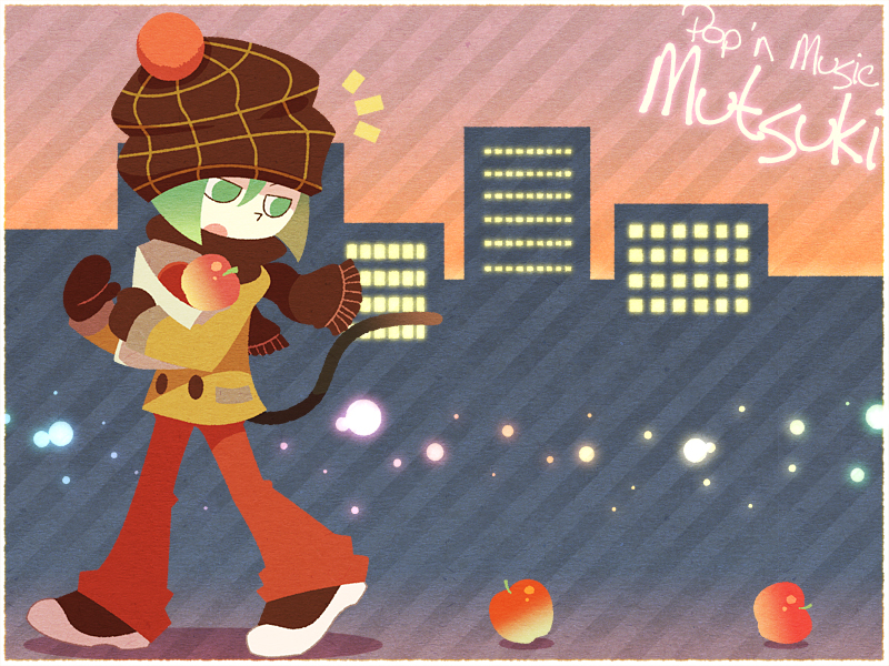 1boy, apple, bag, black_scarf, brown_headwear, cat_boy, cat_tail, character_name, copyright_name, food, fruit, green_eyes, green_hair, grocery_bag, hajime_(vasu), male_focus, mittens, mutsuki_(pop'n_music), official_style, open_mouth, pants, pop'n_music, red_pants, scarf, shopping_bag, skyline, solo, tail, winter_clothes