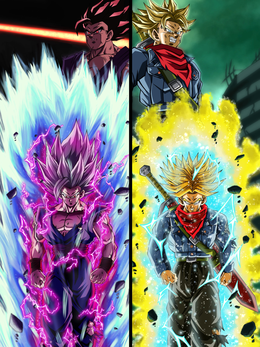 2boys, absurdres, aura, bandana, black_eyes, black_hair, blank_eyes, blonde_hair, building, clenched_teeth, commentary_request, dragon_ball, dragon_ball_super, dragon_ball_super_super_hero, electricity, frown, gohan_beast, green_eyes, grey_hair, highres, hiro_(udkod1ezlyi2flo), male_focus, multiple_boys, muscular, muscular_male, pants, red_bandana, red_eyes, serious, sheath, sheathed, son_gohan, super_saiyan, super_saiyan_1, super_saiyan_rage, sword, teeth, torn_clothes, torn_pants, trunks_(dragon_ball), trunks_(future)_(dragon_ball), weapon