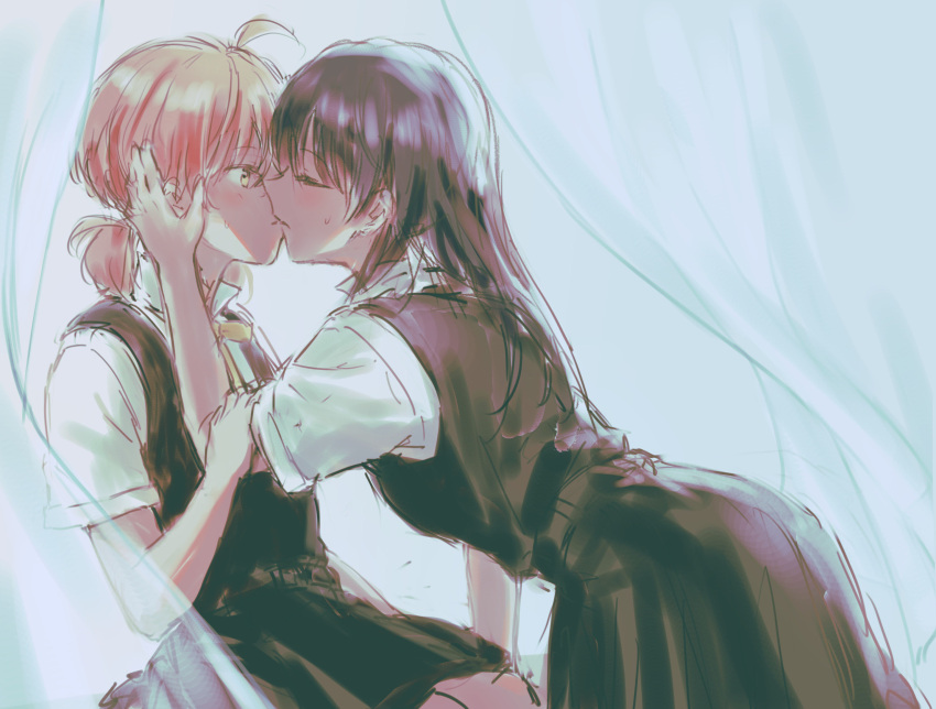 2girls, ahoge, arm_grab, atsuya_1111, black_hair, closed_eyes, curtains, hand_on_another's_cheek, hand_on_another's_face, highres, kiss, koito_yuu, looking_at_another, multiple_girls, nanami_touko, orange_hair, school_uniform, tohmi_higashi_high_school_uniform, yagate_kimi_ni_naru, yuri