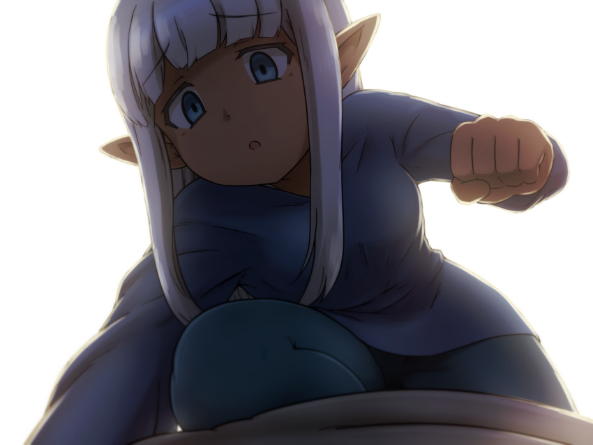 1girl, backlighting, blue_eyes, clenched_hand, commentary, dark-skinned_female, dark_skin, elf