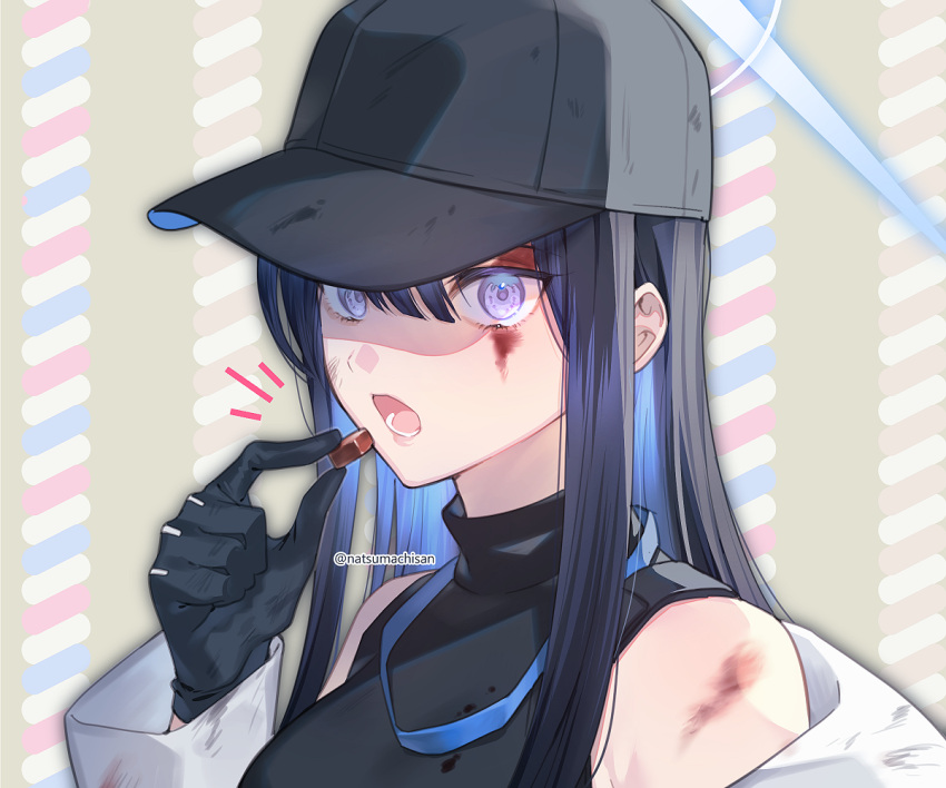 1girl, bangs, bare_shoulders, baseball_cap, black_gloves, black_hair, black_headwear, black_shirt