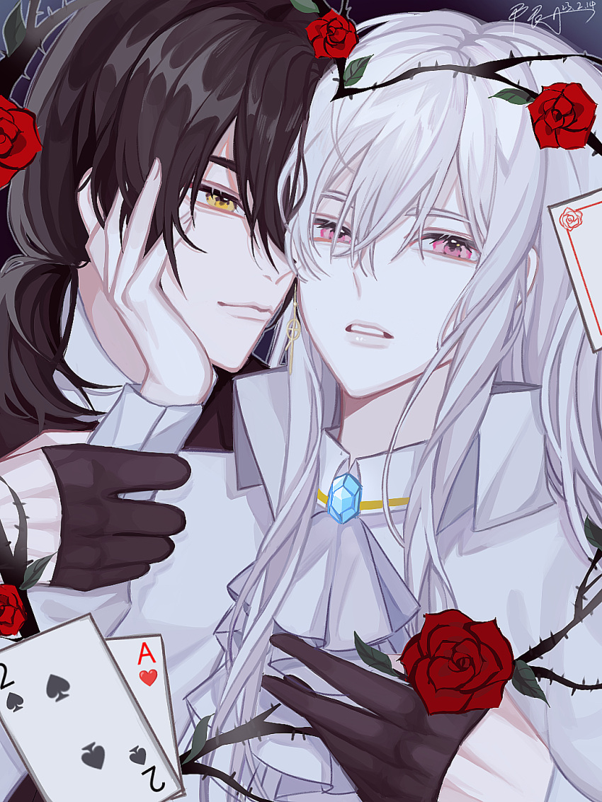 2boys, albino, black_hair, black_shirt, blue_gemstone, card_(medium), colored_skin, flower