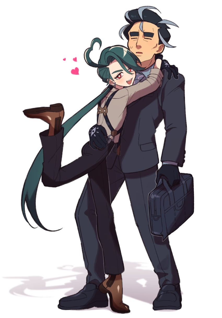 1boy, 1girl, :d, ahoge, bag, bangs, black_gloves, black_hair