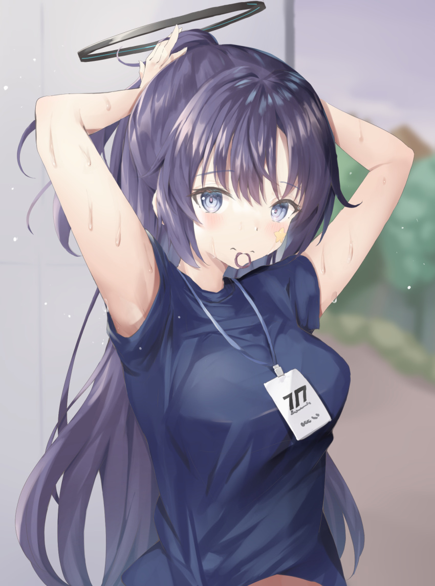 1girl, adjusting_hair, arms_behind_head, bangs, black_hair, blue_archive, blurry, commentary_request