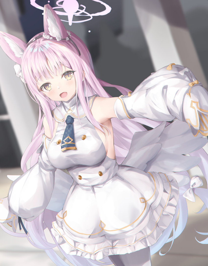 1girl, :d, alternate_costume, angel_wings, animal_ears, armpits, bangs, blue_archive