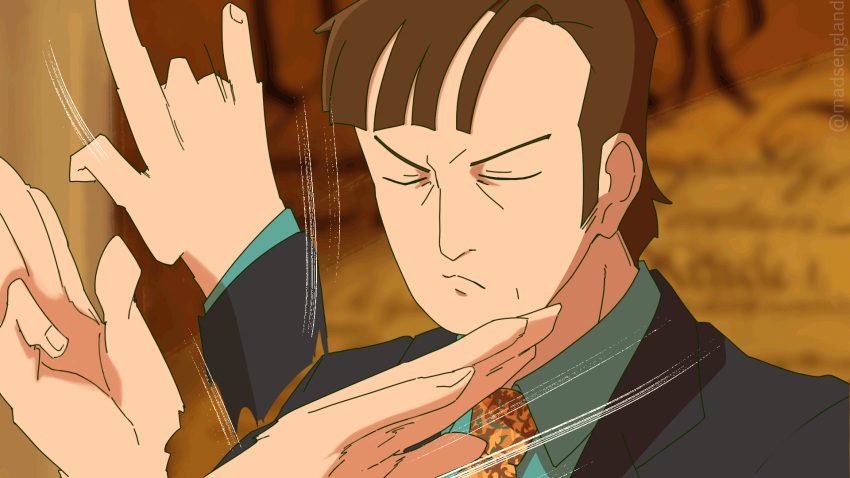 1boy, animated, animated_gif, bangs, better_call_saul, black_eyes, black_jacket, blue_shirt