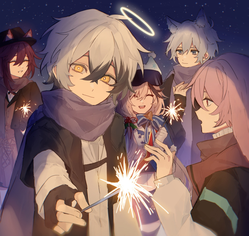 2girls, 3boys, :d, absurdres, adnachiel_(arknights), animal_ears, ansel_(arknights), arknights