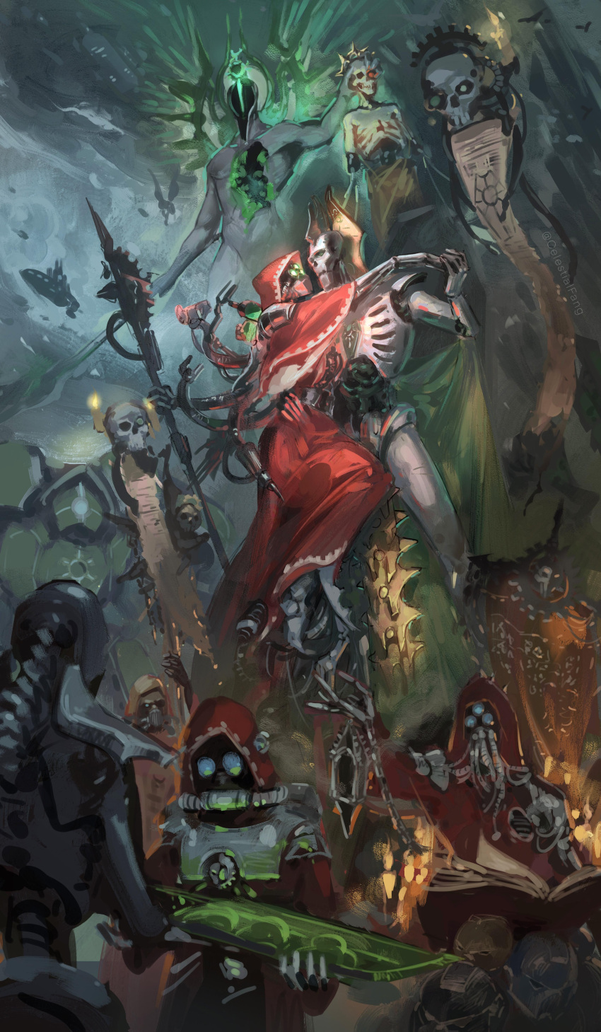 absurdres, adeptus_mechanicus, archon_of_flesh, artificial_eye, bad_link, c'tan_shard, cloak, corpse, cyborg, dancing, emperor_of_mankind, highres, hood, hooded_cloak, mechanical_arms, necron, red_cloak, red_hood, red_robe, robe, robot, servo-skull, skitarii, space_marine, techpriest, warhammer_40k