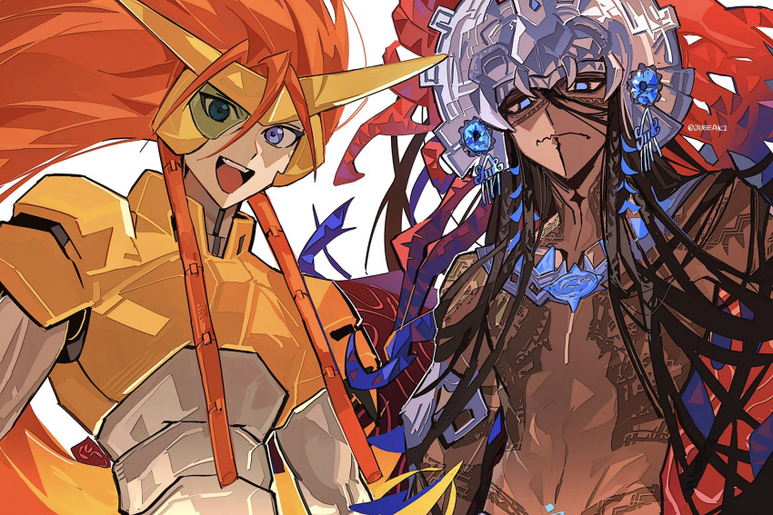 2boys, black_hair, blue_eyes, camazotz_(fate), cyborg, dark-skinned_male, dark_skin, eeju