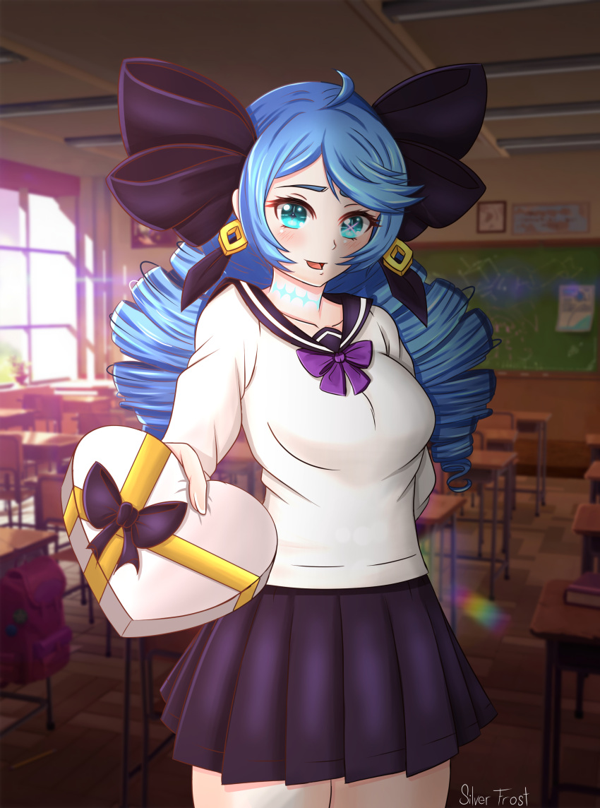 1girl, absurdres, alternate_costume, blue_eyes, blue_hair, breasts, chocolate, drawing