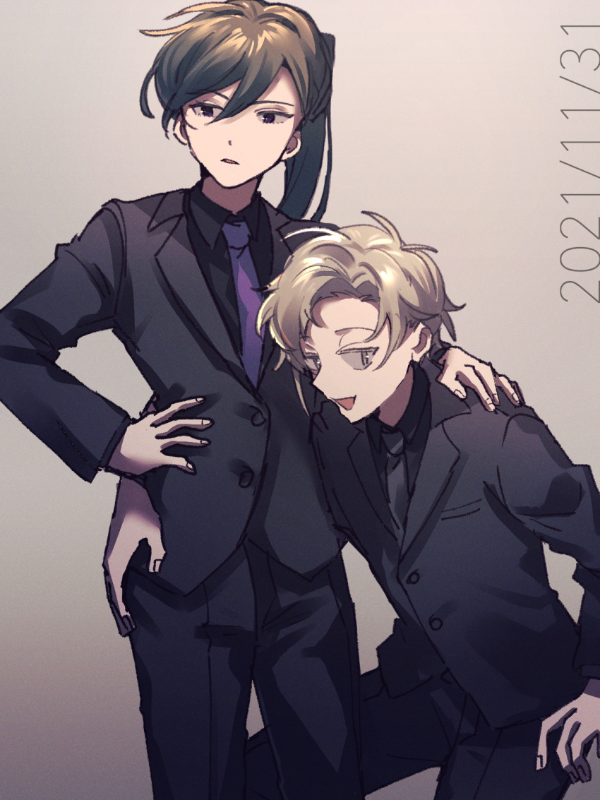 1boy, 1girl, :d, aged_up, alternate_costume, bangs, black_jacket, black_pants