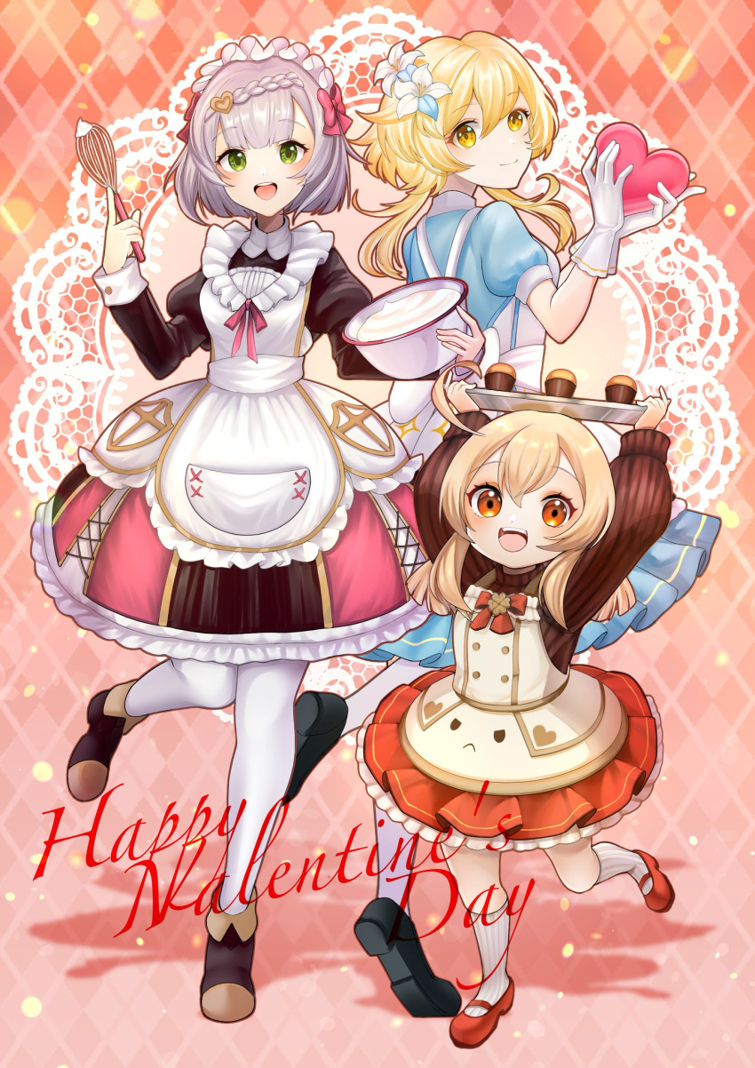 3girls, :d, alternate_costume, apron, bangs, blunt_bangs, bowl, braid