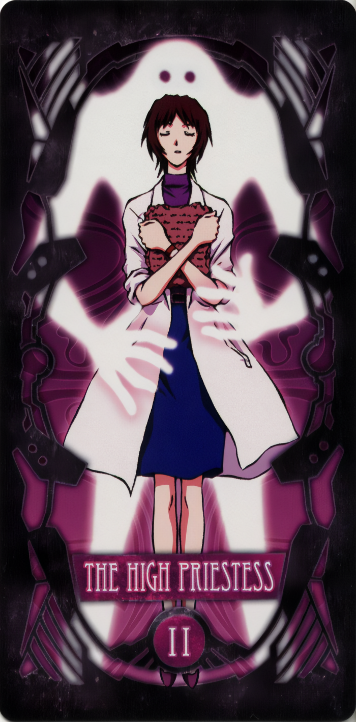 1girl, angel, belt_buckle, blue_dress, bracelet, brown_hair, buckle, card, closed_eyes, dead_sea_scrolls, dress, highres, ikari_yui, jewelry, labcoat, legs, neon_genesis_evangelion, non-web_source, purple_footwear, purple_shirt, shirt, stone_tablet, tarot, the_high_priestess_(tarot)