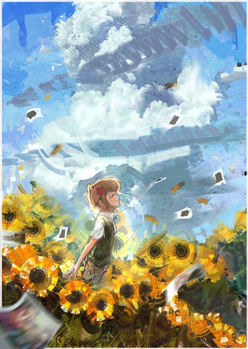 1boy, absurdres, basil_(omori), blonde_hair, blue_sky, brown_shorts, cargo_shorts, closed_eyes, closed_mouth, clouds, collared_shirt, day, facing_to_the_side, flower, from_side, green_sweater_vest, hair_flower, hair_ornament, highres, hilbert_hitchcock, omori, outdoors, photo_(object), shirt, short_hair, short_sleeves, shorts, sky, smile, solo, sunflower, sweater_vest, white_shirt