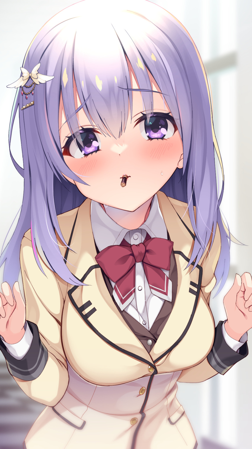 1girl, aria., bangs, blurry, blurry_background, blush, bow, bowtie