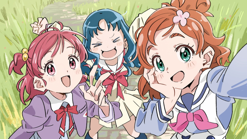 3girls, aqua_eyes, blue_hair, closed_eyes, flask00, flower, go!_princess_precure, grass, hair_flower, hair_ornament, hand_on_own_cheek, hand_on_own_face, haruno_haruka, heartcatch_precure!, highres, kurumi_erika, long_hair, multiple_girls, orange_hair, pink_eyes, pink_hair, precure, school_uniform, serafuku, thick_eyebrows, yes!_precure_5, yumehara_nozomi